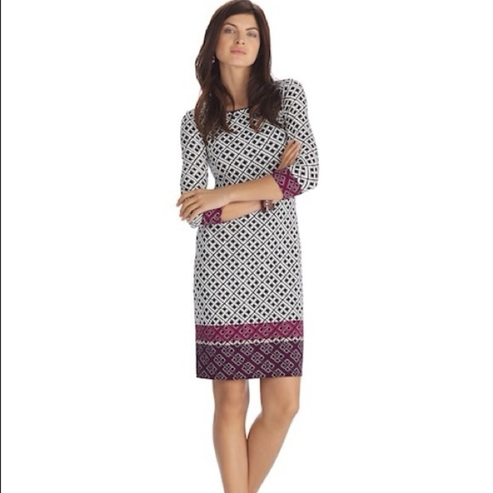 White House Black Market Geometric Print Dress Black White Purple Sheath SIZE M